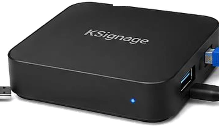The Ksignage player, a compact Android box that connects to the TV over HDMI